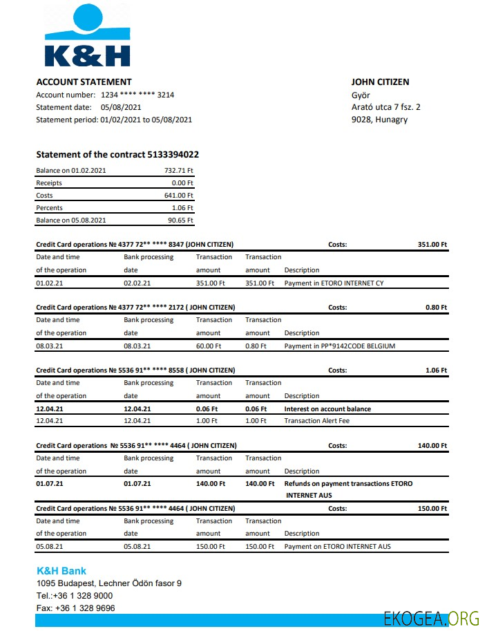 Hongrie Relevé K&H Bank, modèle facile à remplir au format Excel et PDF